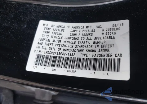 2015 Honda Accord Sport z USA, uszkodzony, nr VIN 1HGCR2F58FA271992